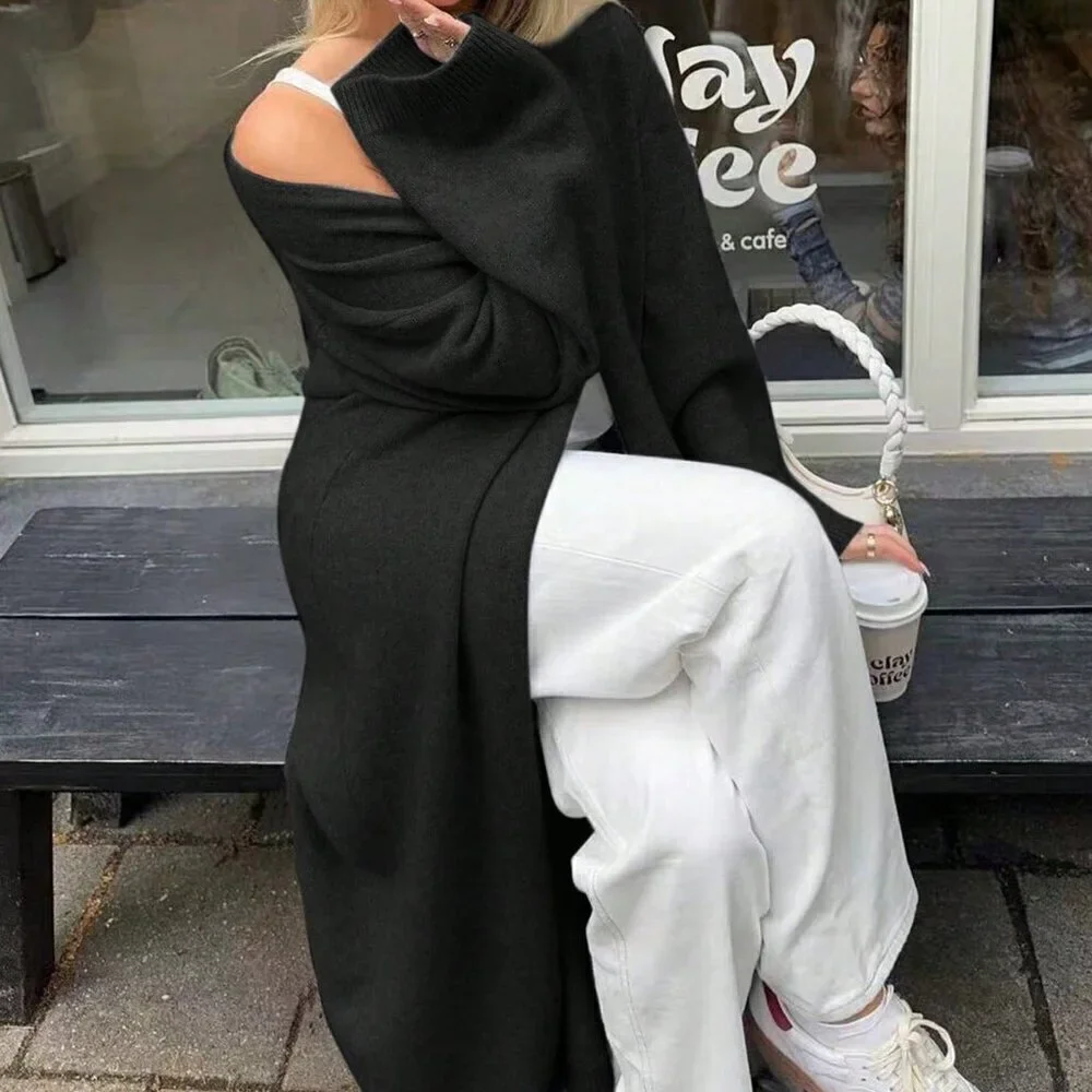 Black Casual Women's V-Neck Buttonless Super Loose Long-Sleeved Knitted Cardigan